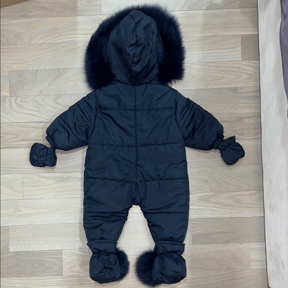 Chic Navy Fur-Trimmed Winter Snowsuit - Picture 2 of 9